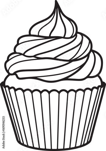 Outline Drawing of a Cupcake with Swirled Frosting Keywords: cupcake, cake, dessert, sweet