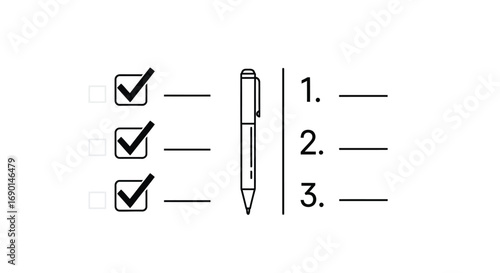 Vector illustration of checklist with three items marked, a pen, and numbered lines for writing