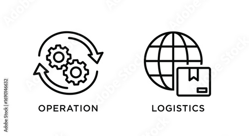 Vector illustration of icon representing operations with gears and arrows, and logistics with a globe and package