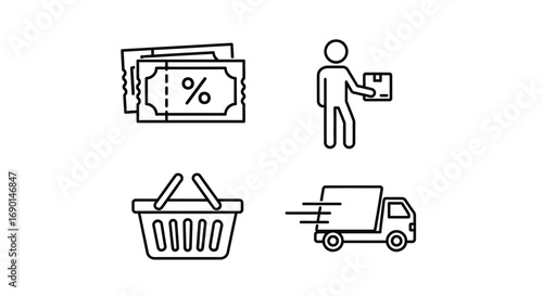 Vector illustration of set of black and white outline icons for shopping, delivery, and discounts