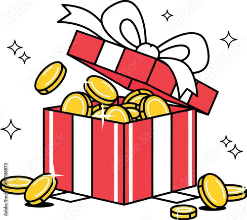 Vector vector art of open gift box overflowing with golden coins and sparkling stars, transparent background