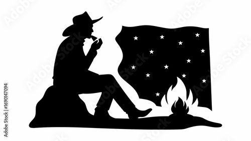 Cowboy Smoking Pipe with Horse Silhouette Illustration