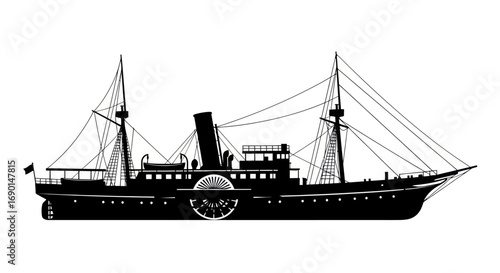 Vintage Paddle Steamer Ship Silhouette Illustration.