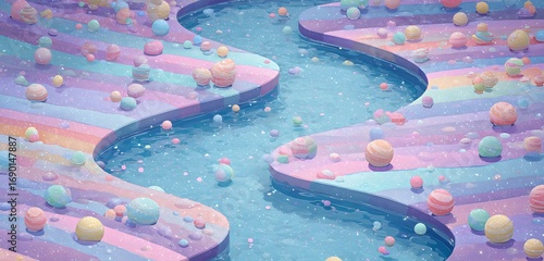 Magical river of pastel bubblegum winding below clusters of jelly pads
