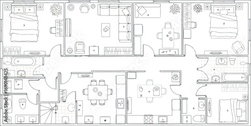 Vector vector art of architectural blueprint of a modern apartment floor plan with furniture layout and room divisions transparent background