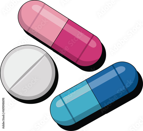 Vector Illustration of Medicine Pills in Different Shapes and Colors.