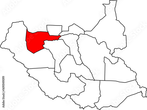 A vector map of South Sudan highlighting the Northern Bahr el Ghazal state. Perfect for geographical, cross-border, and humanitarian reports.

