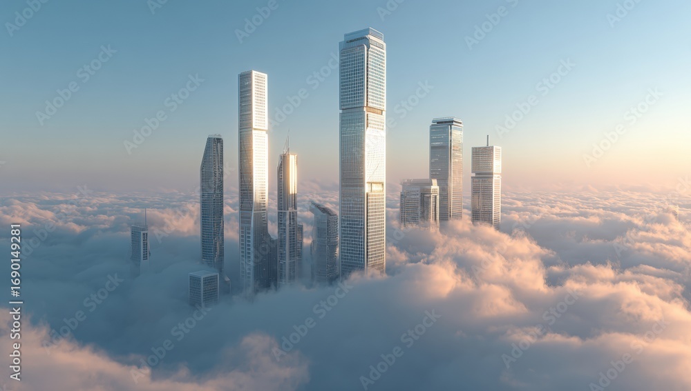 Fototapeta premium Futuristic city rising above clouds