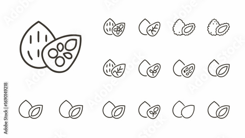 Collection of stylized outline drawings depicting various arrangements of halved and whole almond shapes icons