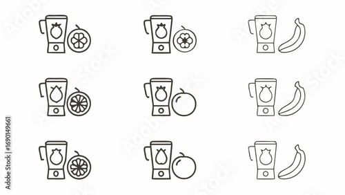 Illustrations of blenders paired with various fruits including oranges bananas and peaches displayed in a grid