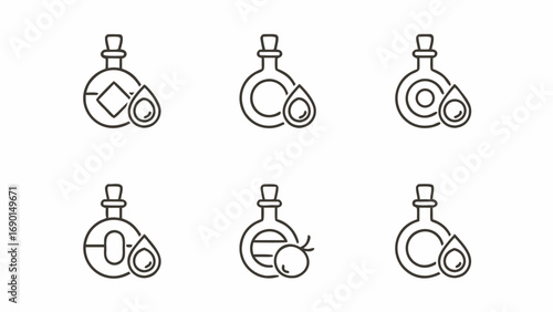 Illustration of six essential oil bottles with different geometric shapes and a berry inside them