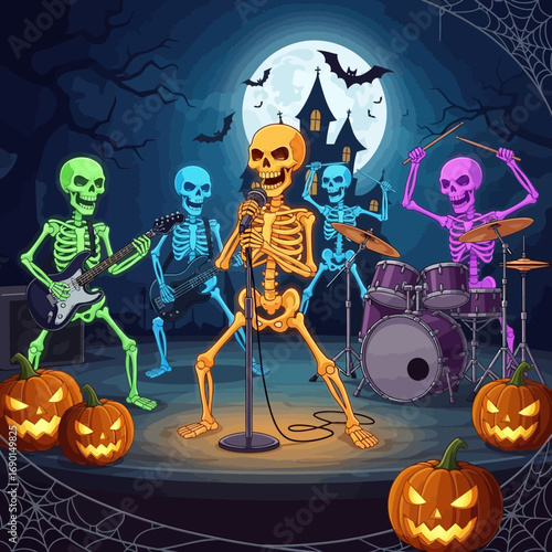 Spooky skeleton band rocks out on stage with pumpkins and haunted house backdrop