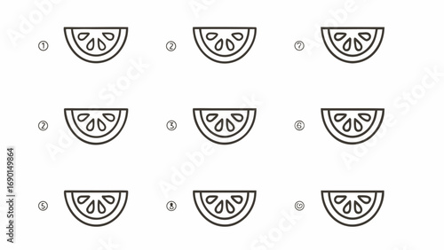 Nine identical lemon slice icons arranged in a three by three grid on a white background simple line art