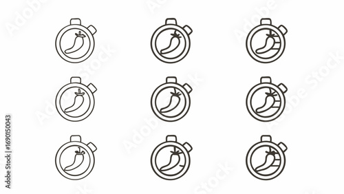 Nine stopwatch icons containing chili peppers arranged in a three by three grid on a white background