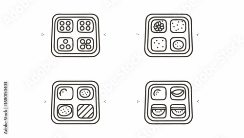 Illustration of four square bento boxes with different food arrangements in a line art style design