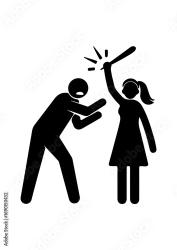 Silhouette of a Woman Defending Herself with a Stick Against an Aggressor