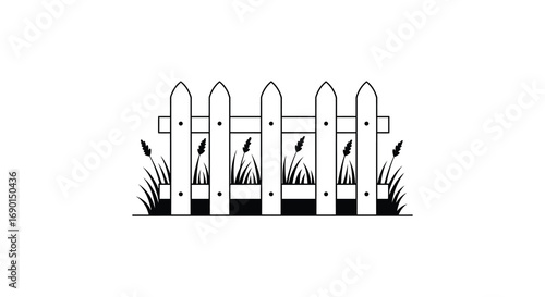 a simple white picket fence with grass growing underneath