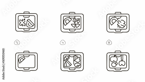 Illustration of six lunch boxes with different food items including fruits, vegetables, and sandwiches