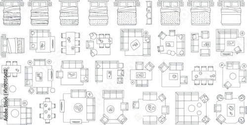 Vector vector art of collection of blueprint floor plan layouts for furniture and room arrangements transparent background