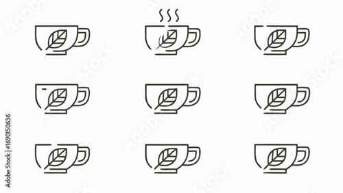 Nine line art depictions of tea cups with leaf motif and steam in a grid pattern on a white background