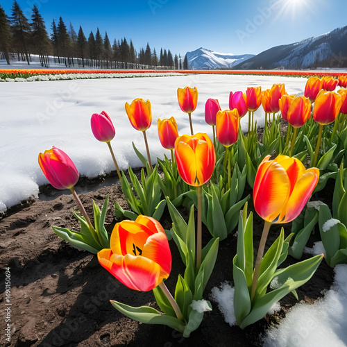 Vibrant tulips emerging through melting snow, spring awakening