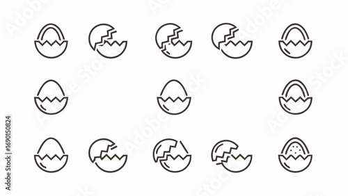 A collection of fifteen line art icons depicting various stages of cracked and uncracked eggs on white background