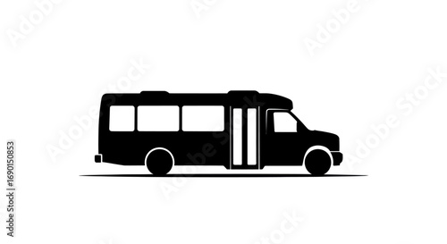 Silhouette of a black minibus with multiple windows and doors.