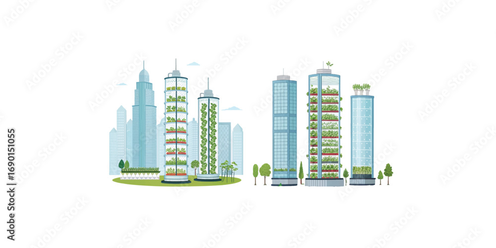 Fototapeta premium Print Futuristic Vertical Farms Inside Glass Skyscrapers with Greenery and Hydroponics – Vector Illustration