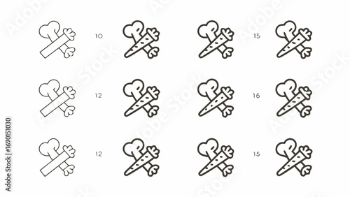 Illustration showing multiple bone and carrot crossed icons in a grid pattern on a white background