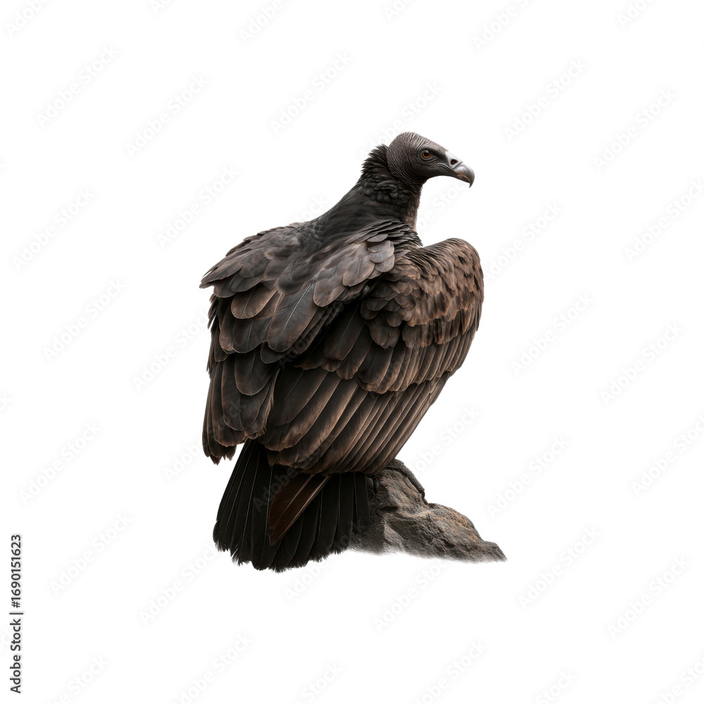 Obraz premium Black Vulture Perched on Rock, Isolated on Black Background