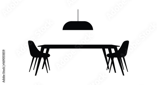a simple dining setup with table chairs and hanging lamp