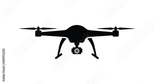 a black drone silhouette with four propellers and camera
