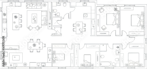Vector vector art of detailed architectural floor plan of a spacious house with multiple rooms and amenities transparent background