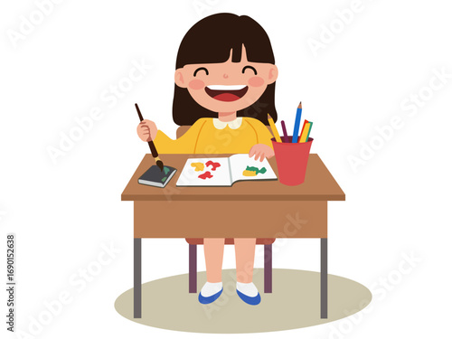 Illustration of a Smiling child holding a paintbrush with books, pencils, and art supplies on the table. Perfect for education themes, creative learning, school posters, and preschool activities.