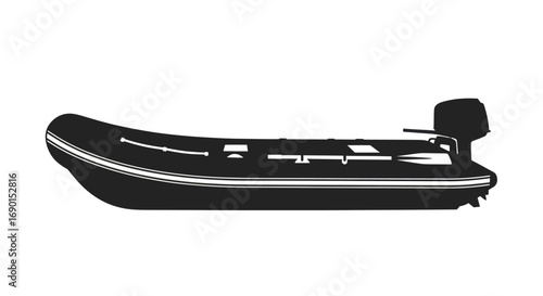 Black inflatable rigid-hulled boat with outboard motor.