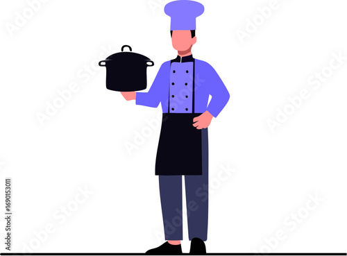 Professional chef illustration with blue uniform and apron holding utensil vector graphic