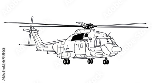 A detailed black and white line art illustration of a modern transport helicopter.
