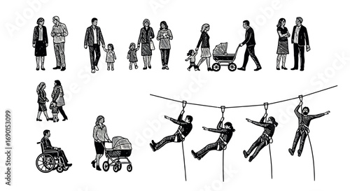 Vector vector art of diverse group of people including families, a person in a wheelchair, and individuals engaged in ziplining transparent background