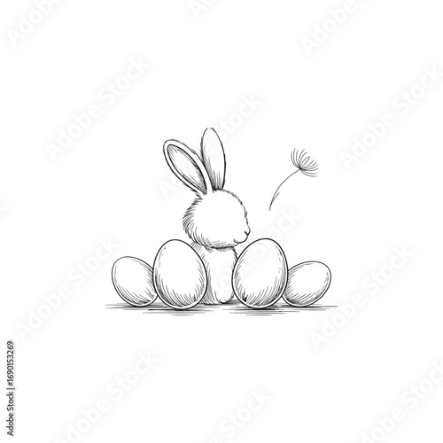 Whimsical Easter Illustration A Fluffy Bunny Surrounded by Easter Eggs and a Dandelion Seed Head in Delicate Sketch