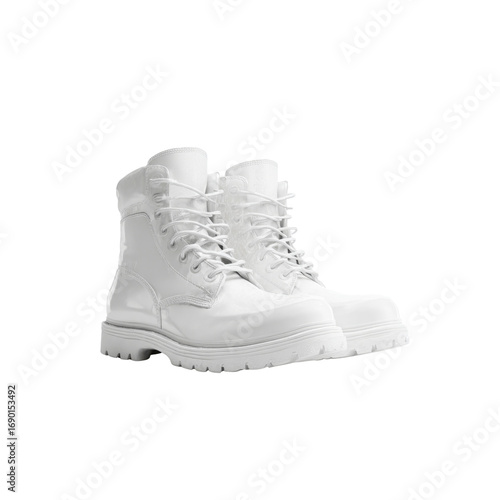 Pair of White Leather Lace-Up Boots on White Background