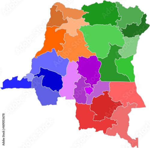 A colorful vector map of the Democratic Republic of Congo with each province colored differently according to its administrative region. Perfect for data visualization