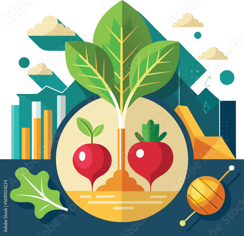 Modern infographic flat icon combining radish, turnip, and potato.