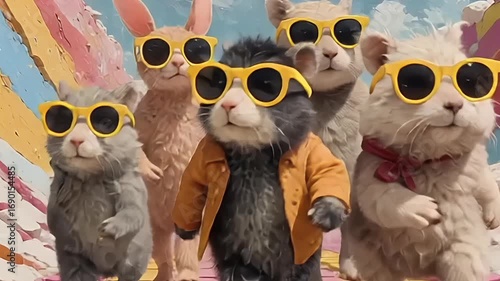 a group of adorable animal's wear sunglasses walking in the street