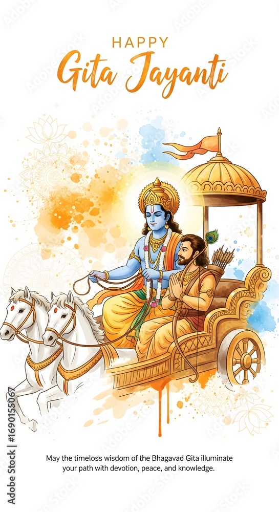 Obraz premium Happy gita jayanti lord krishna driving a chariot with horses watercolor art