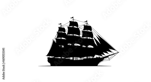 Silhouette of a majestic three-masted sailing ship with full sails.