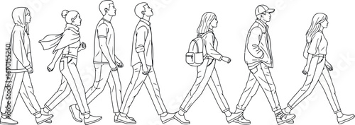 Vector vector art of group of diverse people walking in a line, transparent background