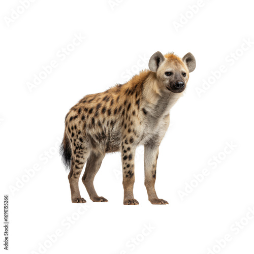 Spotted Hyena Standing, Profile View, Isolated on Black Background