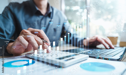 Financial analysis technology concept. Accounting data analytics. Analyst finance account. Dashboard system management. System integration report tech software. Erp system.