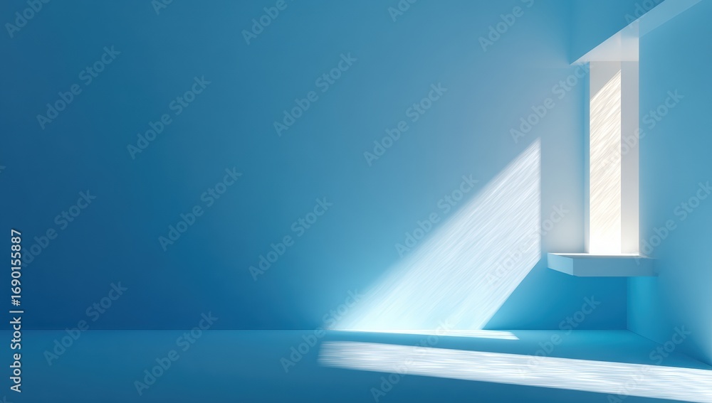 Fototapeta premium Empty sunlit blue room with a window