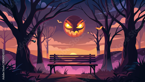 Vector art of halloween night scene with spooky pumpkin moon and bench in the park